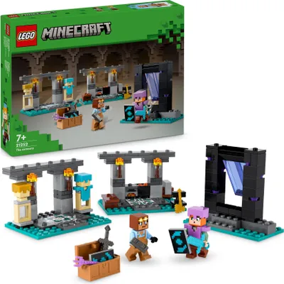 Produktbild von LEGO Minecraft Die Waffenkammer 21251 – Action-Bauspielzeug Spielset mit Alex-Figur, Schmiede, Rüstungskammer, Netherportal, 203 Teile, für Kinder und Gamer ab 7 Jahren. Maße: Schmiede 9 cm B, Arbeitsbereich 6 cm H x 9 cm B x 6 cm T. Authentische Minecraft Details mit seltenen Keramikfliesen, inkl. Amboss, Ofen, Kessel voll Lava und Minecraft-Waffen.