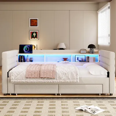 Zdjęcie produktu dla Łóżko dzienne Sweiko, łóżko dzienne, rozkładana sofa, 90 × 190 cm, wielofunkcyjna wysuwana konstrukcja łóżka, złącza USB + typ C, z dwiema szufladami, kilkoma schowkami, listwą oświetleniową LED, bez materaca, aksamit, beżowy