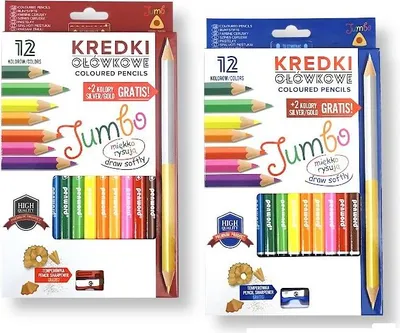Zdjęcie produktu dla kredki ołówkowe jumbo trójkątne z temperówką 12kolorów + 2 gratis