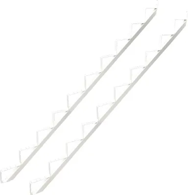 Two white stair stringers with multiple steps, angled diagonally against a white background.
