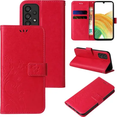 Produktbild von Handyhülle für Samsung Galaxy A33 5G Floral Blumen Schmetterling Flip Cover Hülle Case Klapphülle Handytasche Farbe: Rot