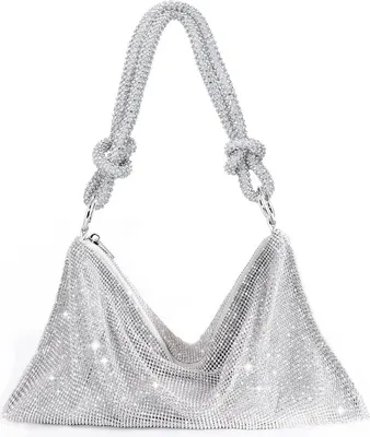 Produktbild von (Silber) Strass-Geldbörsen für Frauen, schicke funkelnde Abendhandtasche, Bling-Hobo-Tasche, glänzende Silber-Clutch-Geldbörse für Party, Club, Hochzeit