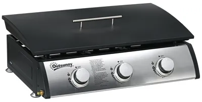 Productafbeelding van Gasgrill met deksel, 3 branders, vetopvangbak, antiaanbakplaat, 63x47x25 cm, zwart/zilver