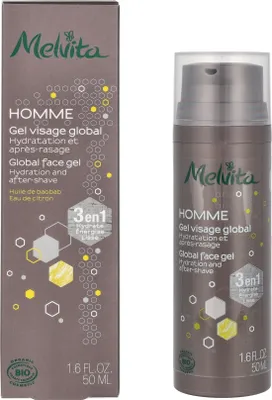 Produktbild von Melvita Organic Face Gel - Men, Reinigungsgel, Männer, Jeder Hauttyp, Feuchtigkeitsspendend, Beruhigend, Pumpenflasche, AQUA/WATER - ALOE BARBADENSIS LEAF JUICE* -GLYCERIN - COCO-CAPRYLATE/CAPRATE - HORDEUM...