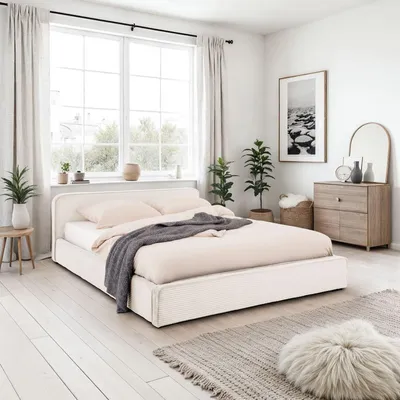Produktbild von Polsterbett CURSIO mit Lattenrost 140x200, Cremeweiß – Bett mit Polsterung in Cordoptik, Holzrahmen mit Metallrohr, stabiles Doppelbett inklusive Lattenrost, kleine schwarze Kunststofffüße