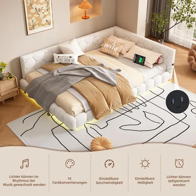 Produktbild von MODFU Tagesbett Polsterbett 140x200cm mit LED und USB-Anschluss, Schlafsofa mit Lattenrost aus Stoff, Weiß(Ohne Matrtze)