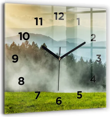Produktbild von Wallfluent Große Wanduhr – Stilles Quarzuhrwerk - Uhr Dekoration Wohnzimmer Schlafzimmer Küche - Zifferblatt - schwarze Zeiger - 60 cm - Berglandschaft