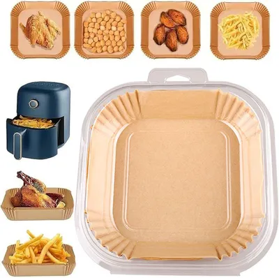 Productafbeelding van Bakpapier voor airfryer – 20 tot 24 cm – 100 stuks – Bakplaten voor airfryer – Bakpapier – Vierkant – Accessoires voor airfryer – geschikt voor airfryer XL en XXL