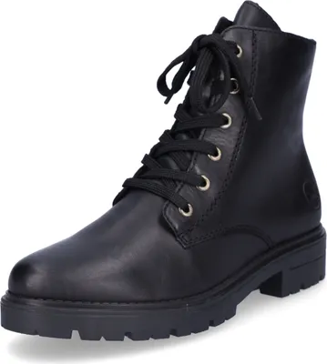 A black leather lace-up boot is shown against a white background.