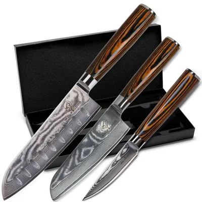 3-tlg. Santoku-Damast-Messerset 30/24/20 cm, VG10