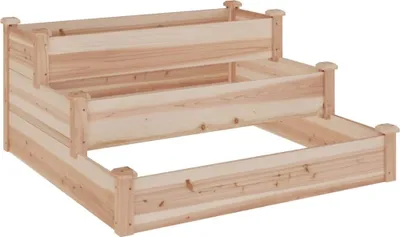 A three-tiered wooden raised garden bed.