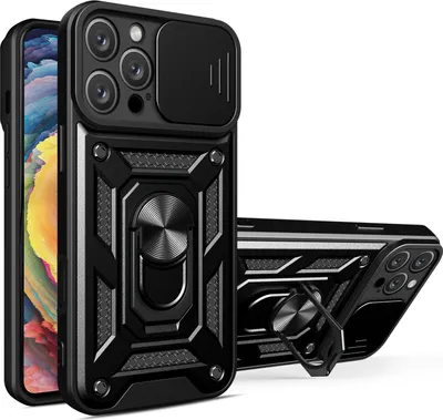 Produktbild von Panzer Hülle iPhone 16 Pro Max mit Kameraschutz & Ringhalter – Schwarz