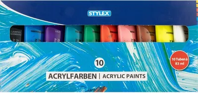 Produktbild von 10 Flaschen Acrylfarbe / Set mit 10 Farben / 83ml je Tube / im Geschenkkarton