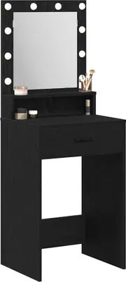 A black vanity table with a mirror and lights.