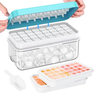 Eiswürfelform mit Deckel, 64 Stück, 2 Tabletts, Blau, PP