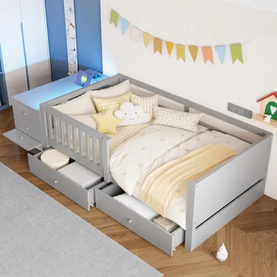 Productafbeelding van STILVORA kinderbed 90x200 cm met bureaufunctie en stopcontact, multifunctioneel bed met LED-verlichting en twee lades, eenpersoonsbed met opbergruimte en planken