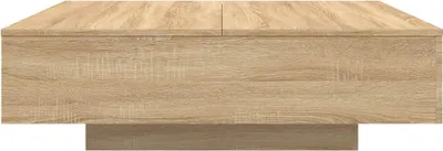 A front view of a wooden coffee table with a light wood grain finish.