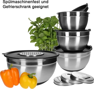 Produktbild von 13-dielna súprava miešacej misy z nehrdzavejúcej ocele 18/10 vrátane veka a 4 strúhadiel na zeleninu bez rukoväte