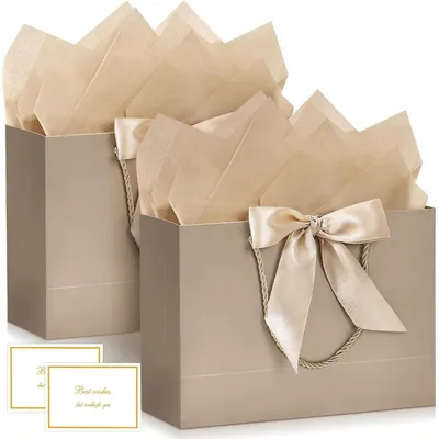 Productafbeelding van Geschenktassen in champagnekleur met handvat, 2 stuks, inclusief wenskaarten en zijdepapier