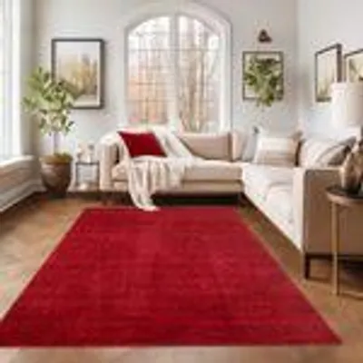 A living room scene with a red rug in the foreground and a sectional sofa in the background.
