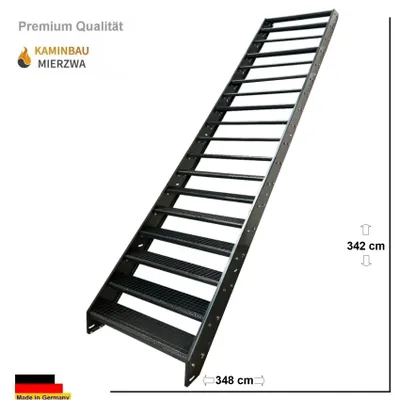 Produktbild von Premium Wangen- Treppe Stahltreppe Gitterroststufen 18 Stufen Höhe 342 cm Breite 80 cm komplett in Anthrazit RAL 7016 - Außentreppe Metalltreppe
