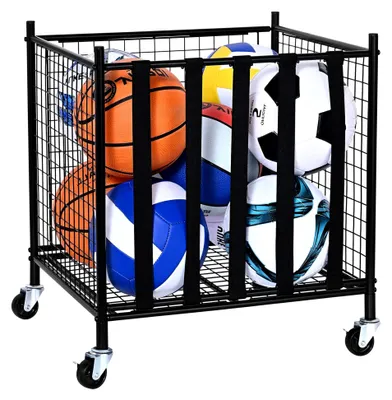 Produktbild von Ballwagen Rollwagen 507 x 500 x 545 mm für Sportbälle, abschließbarer Basketballkäfig, Sportausrüstung für Innen- und Außenbereich, rollbarer Aufbewahrungswagen aus Stahl für Garagen