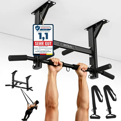 Produktbild von DH FitLife Decken-Klimmzugstange bis 300 kg, multifunktional für Zuhause, 8 rutschfeste Griffe, Boxsack & Schlingentrainer