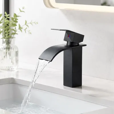 Produktbild von Wasserhahn Bad，Waschtischarmatur Wasserfall，Waschbecken Armaturen，Schwarz Mischbatterie Badezimmer，Badarmatur waschbecken，Einhebelmischer Edelstahl