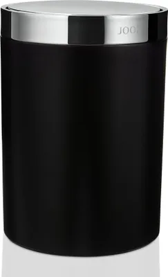 A black trash can with a silver lid and trim, shown against a white background.