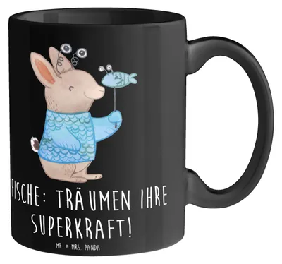 Produktbild von Mr. & Mrs. Panda Kaffeebecher Fische Kraft - Schwarz - Geschenk, Meeresleben, Tasse mit Spruch, Persönlich, Kreativität, Geschenke Sternzeichen, cappuccinotasse, sensibel