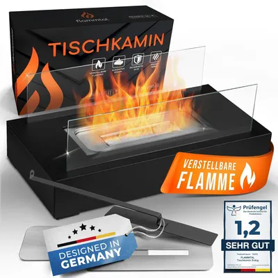 A product shot of a black tabletop fireplace with flames, surrounded by packaging and marketing elements.