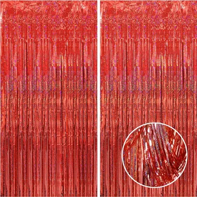 Produktbild von Lametta Vorhang 2 x 1 m, Rot glitzernd, holographisch Party Deko Fotohintergrund