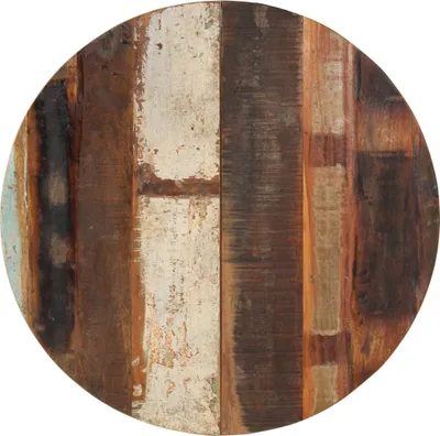 A round tabletop made of reclaimed wood planks with a distressed finish.