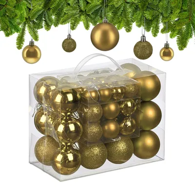 Image de Lot de 50 boules de Noël Relaxdays, en plastique, boules scintillantes, mates et brillantes, décorations pour sapin de Noël, dorées