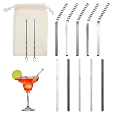 Image de Paille en acier inoxydable, lot de 10, longueur 12,5 cm : 5 courbées, 5 droites, avec 2 brosses de nettoyage