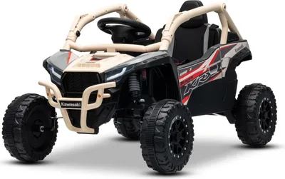 Image de Voiture électrique pour enfants Kawasaki TERYX KRX 1000 12V, kaki, monoplace, suspension arrière, télécommande 2,4 GHz, batterie au lithium, 2 moteurs × 25W, cadre de protection ouvrant, lecteur MP3 avec entrée USB/AUX, sous licence