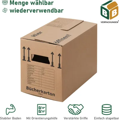 Produktbild von 100 x Bücherkarton Compact 40 kg Traglast stabiler Umzugskarton Bücherkiste Umzug 2-wellige Movebox BB-Verpackungen