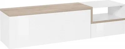 Produktbild von Fernsehschrank Dgal, Niedriges Sideboard für Wohnzimmer mit 2 Türen, Sockel für TV-Möbel, 100 %  Italy, cm 160x40h46, Weiß glänzend und Ahorn