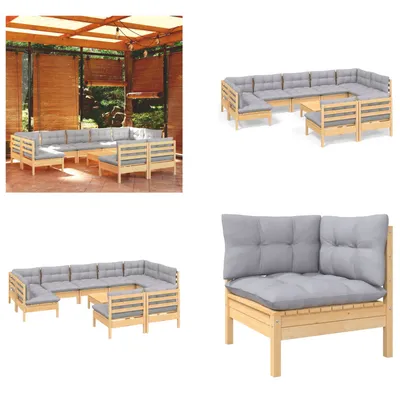 Produktbild von vidaXL 10 tlg. Garten Lounge Set mit Grauen Kissen Kiefer Massivholz - Garten-Lounge-Set - Garten-Lounge-Sets - Gartenmöbel-Set - Gartenmöbel-Sets