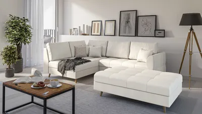 Produktbild von S-STYLE MÖBEL - Ecksofa und Fußhocker mit Holzfüßen im skandinavischen Stil Marco aus Ecru Luxusmicrofaser Ottomane links - B/T/H:231 cm/161 cm/81 cm