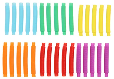 Obrázek produktu pro 30 kusů Pop Tubes v barvách žlutá, oranžová, modrá, fialová a zelená, 17 mm roztažitelné a ohebné, hračka na tahání