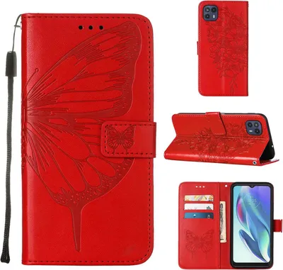 Produktbild von Moto G50 5G Hülle, Schmetterling Prägung Flip Leder Kartenfächer Schutzhülle Ledertasche mit Ständer für Motorola Moto G50 5G Rot
