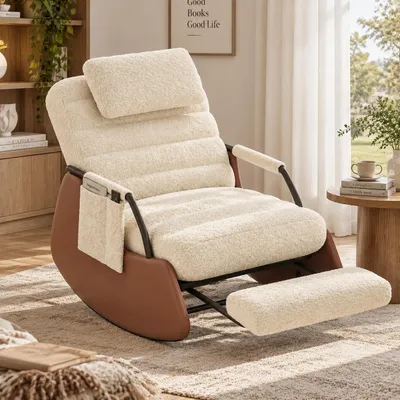 Imagen del producto de Sillón mecedora INONEFT con reposacabezas y reposapiés, sillón reclinable con respaldo ajustable, sillón mecedora para sala de estar o dormitorio, lana de oveja, color beige