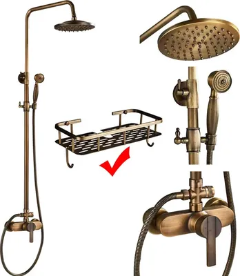 Produktbild von Antikes Messing-Duscharmatur-Set, Warm- und Kaltwasserhähne, Elegante gebürstete Oberfläche, Band E mit Regal