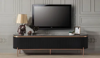 Image de Casa Padrino Luxe Armoire TV Noir / Cuivre 208 x 48 x H. 57 cm - Armoire TV avec 4 portes - Meubles de salon de luxe