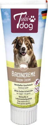 A tube of dog food cream with a picture of a dog on it.