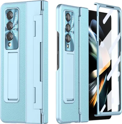 Image de Galaxy Z Fold3 Case, protection de l'écran et de l'objectif, Litschi Standing Case for Samsung Galaxy Z Fold 3 5G blue