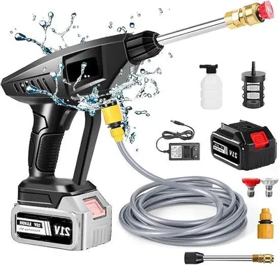 Obrázok produktu pre Elektrické vysokotlakové čističe – akumulátorové vysokotlakové čističe – čistenie áut a záhrady – odsáva vodu kdekoľvek – 60 barov, 5 m hadica – čierna