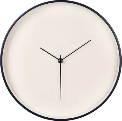 A minimalist wall clock with a beige face and a black frame and hands.