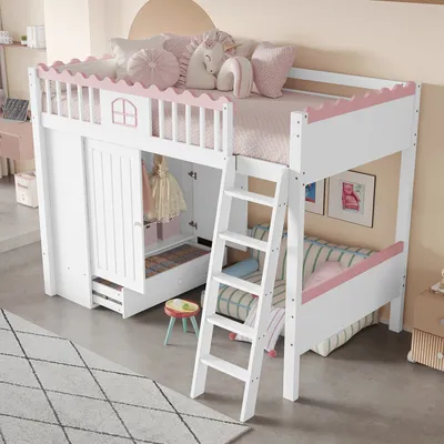 Immagine prodotto di okwish Letto a castello, 90x200 cm, Letto per bambini, Letto singolo con illuminazione a LED, con armadio, con cassetto contenitore, Legno di pino (senza materasso), Bianco